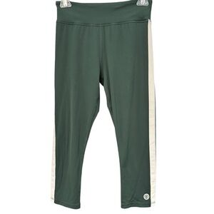 Tory Sport by Tory Burch Capri Leggings S Green Ivory Side Stripe Zip Pocket